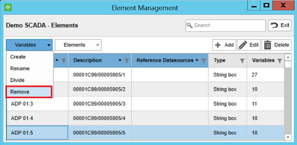 Element Management screen displaying the option to remove elements linked to tickets.