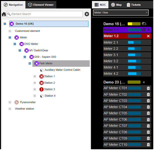 Navigation and NOC modules displaying the status of alerts using color-codes.