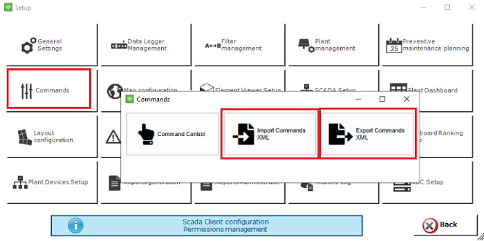 Commands options to import and export commands.